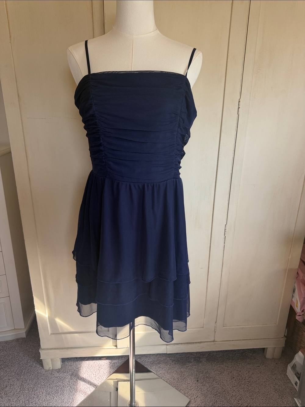 Honey and Rosie Navy Spaghetti Strap Tiered Mini Dress
